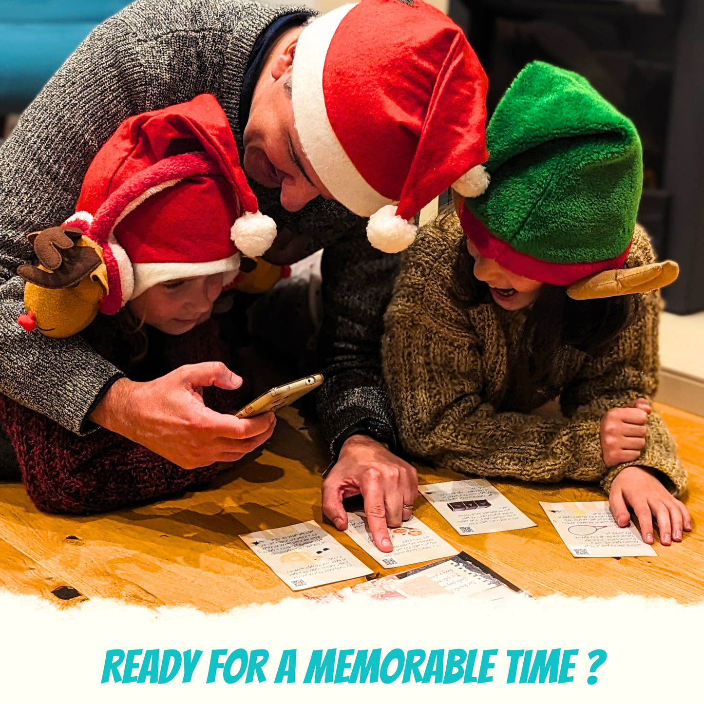Christmas Escape Room for Kids at home : Great Christmas Escape a festive santa children game - family playing together with santa hats