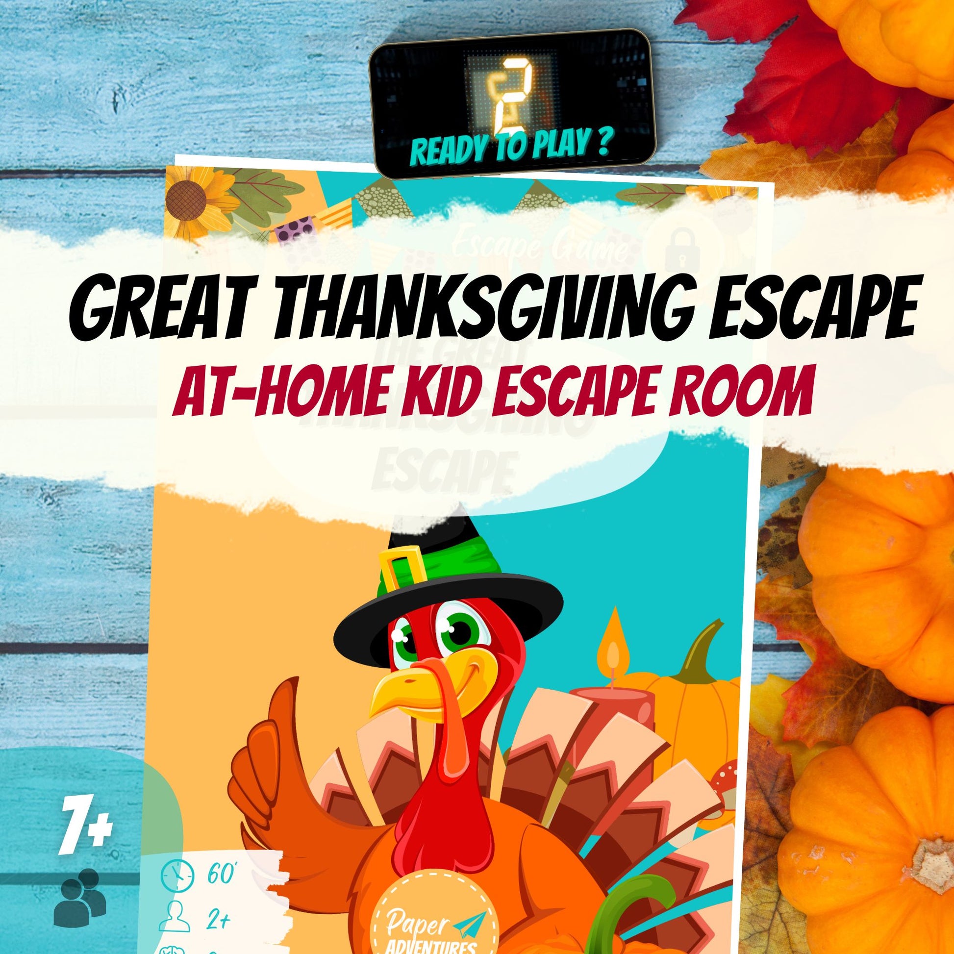 Escape Room for kids and escape game at home perfect for children birthday parties : Great Thanksgiving Escape, full of seasonal turkey and pumpkin fun puzzles - cover