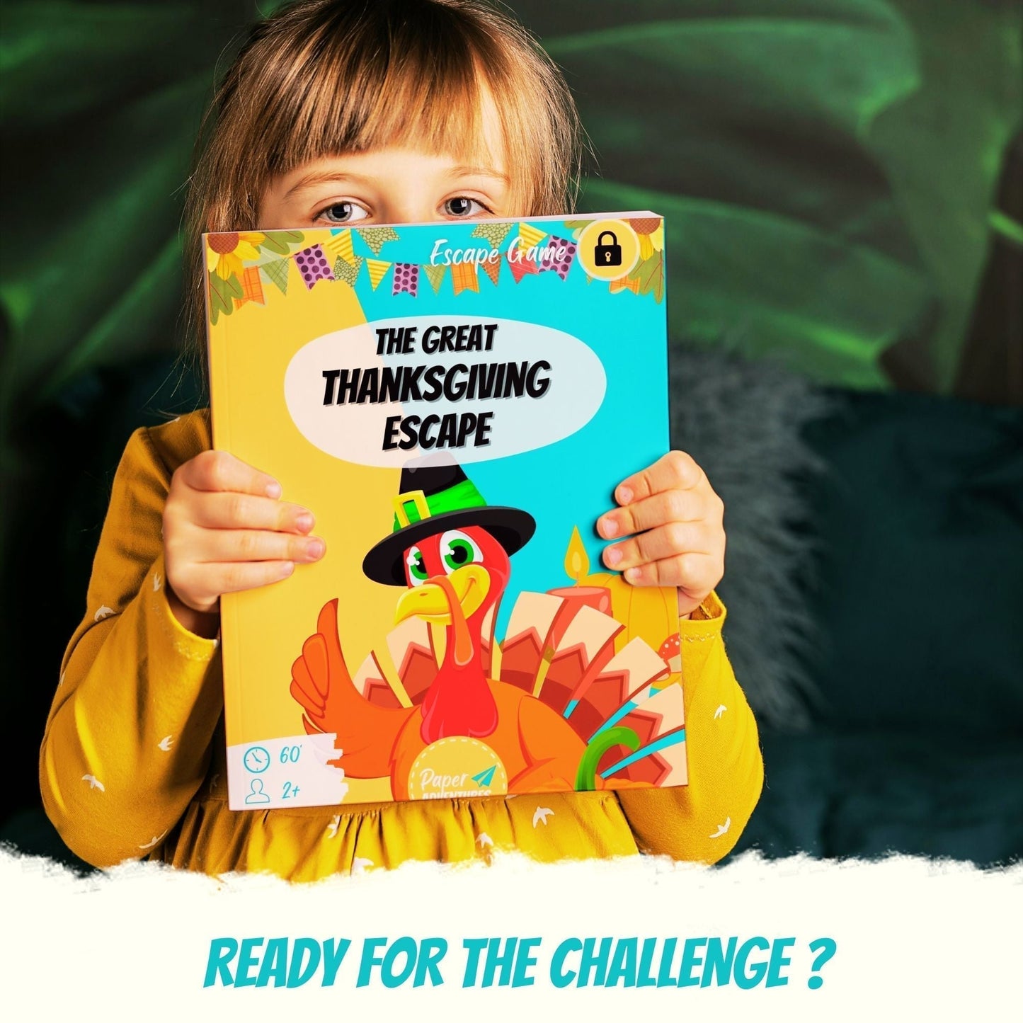 Escape Room for kids and escape game at home perfect for children birthday parties : Great Thanksgiving Escape, full of seasonal turkey and pumpkin fun puzzles - child holding Great Thanksgiving Escape game