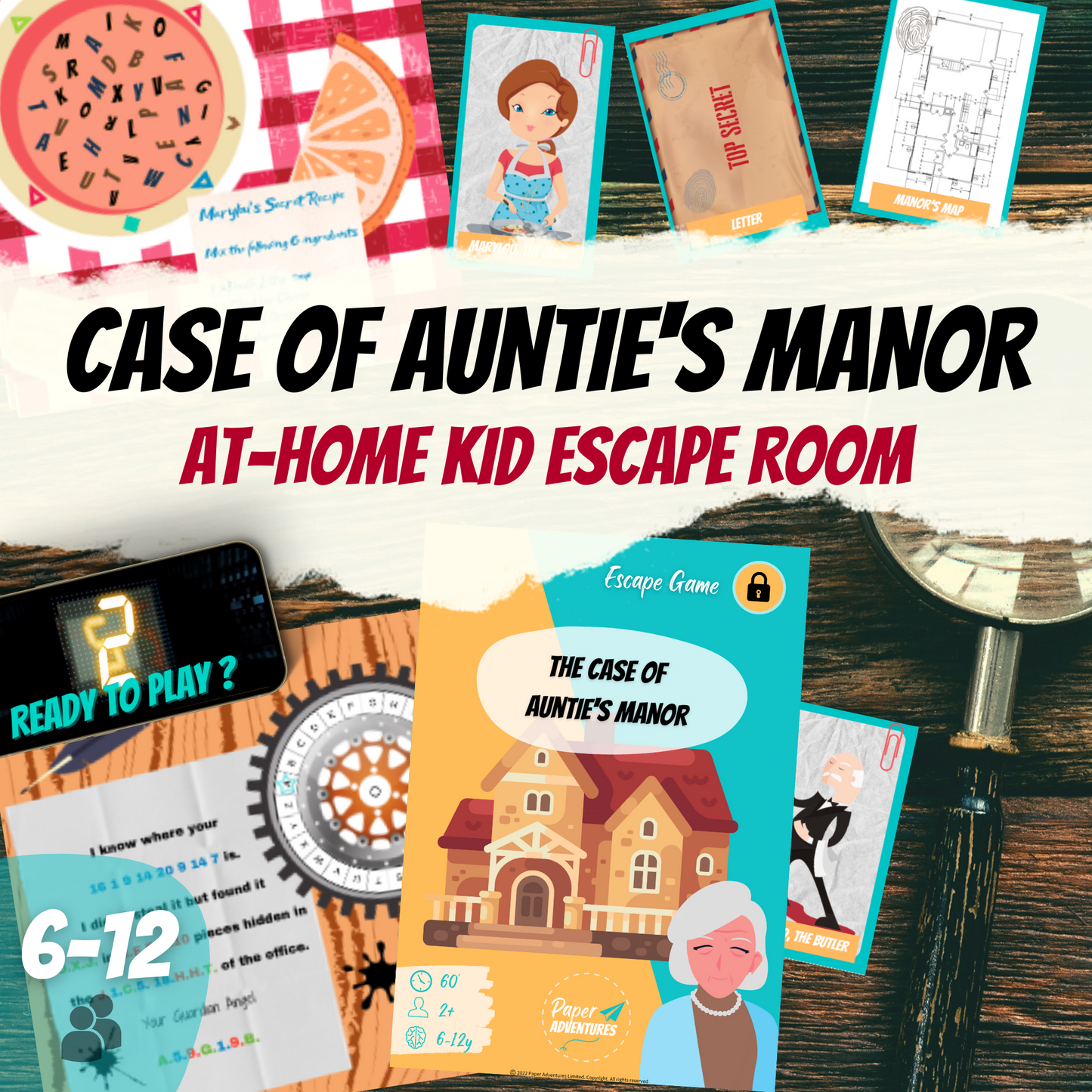 Escape Room for Kids at home : Case of Auntie's Manor is a detective mystery who-dunnit birthday activity - cover