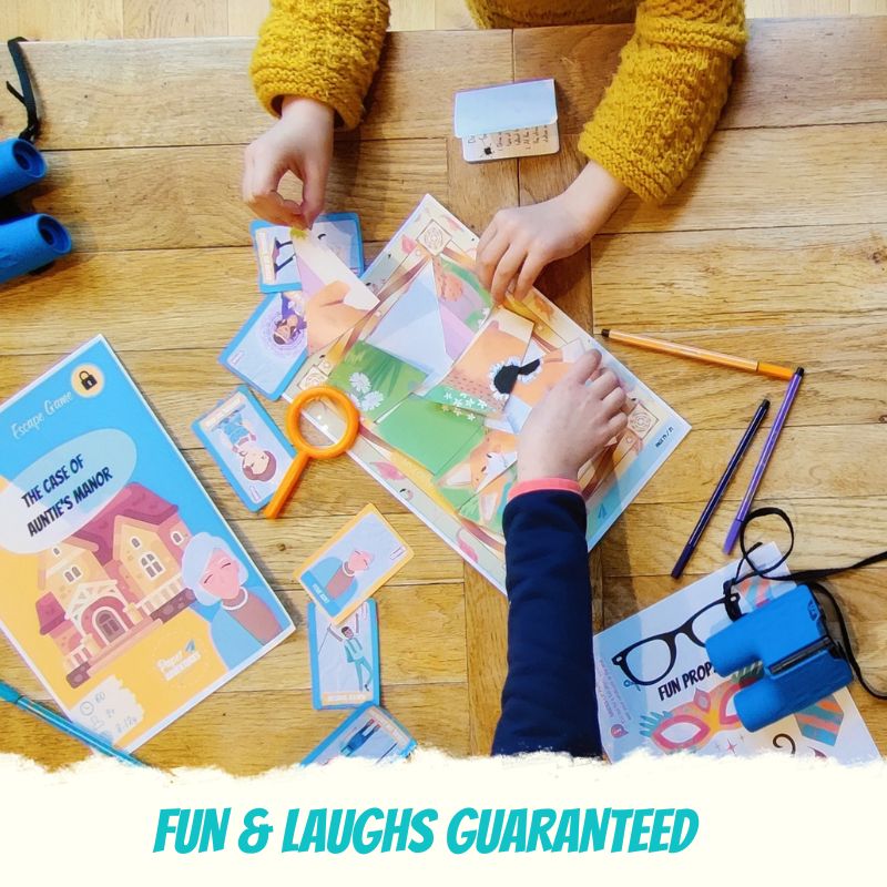 Escape Room for Kids at home : Case of Auntie's Manor is a detective mystery who-dunnit birthday activity - kids playing escape room game