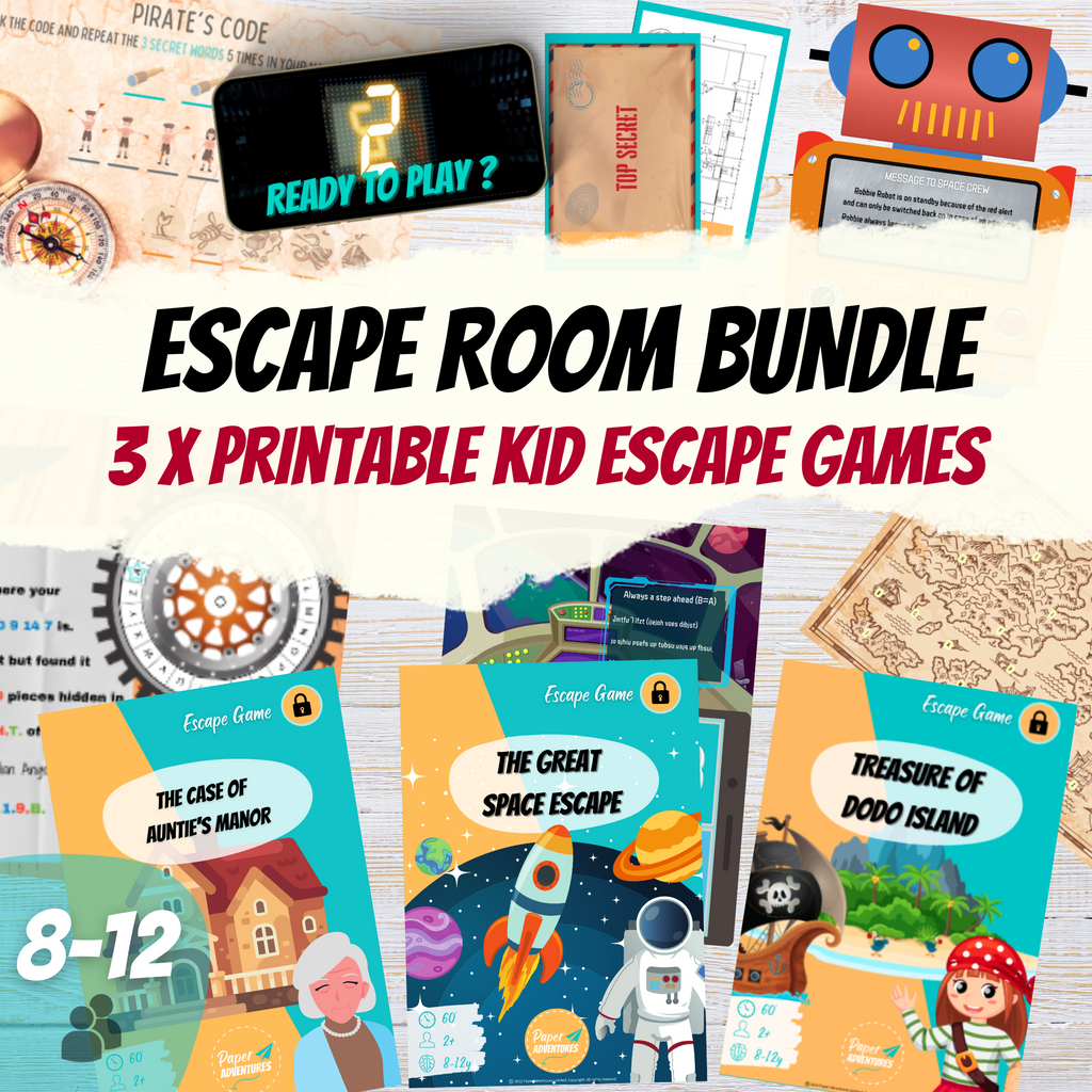 Escape Room Game kit for kids perfect for children birthday parties including Great Space Escape. Home family detective, mystery, pirate and space activity - cover activity - cover