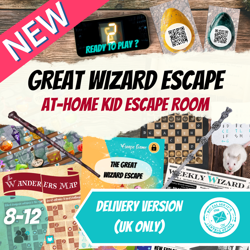 Escape Room Game kit for kids perfect for children birthday parties : Great Wizard Escape. Home family Harry Potter and Hogwarts activity - cover